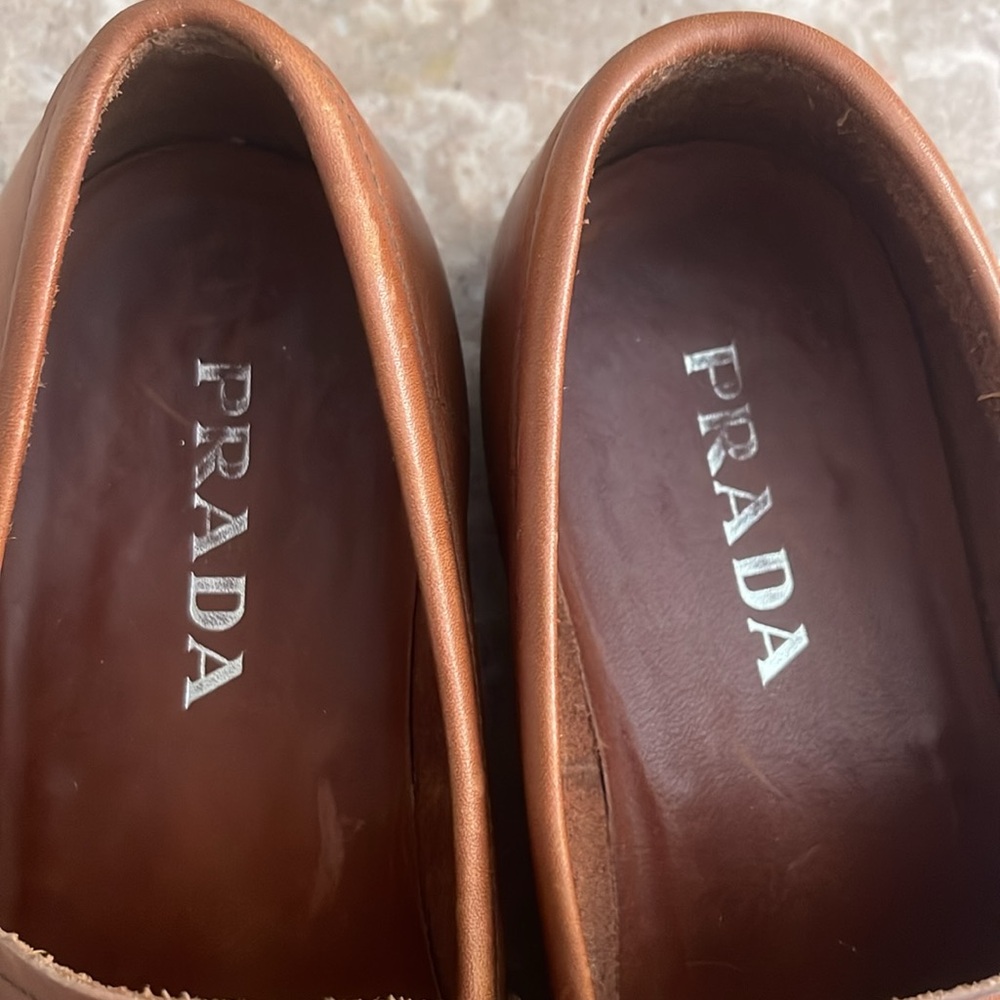 Prada Men’s Cognac Leather Slip On Loafers 8.5 - Picture 2 of 15